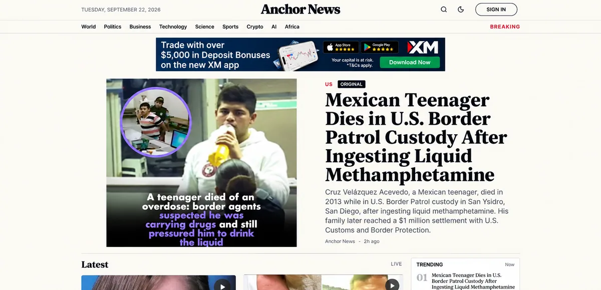 Anchor News homepage with news categories, a lead story and latest headlines